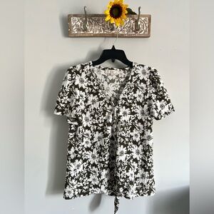 LOFT Women’s Floral Textured Button Tie Front Top-Olive color- Size Medium